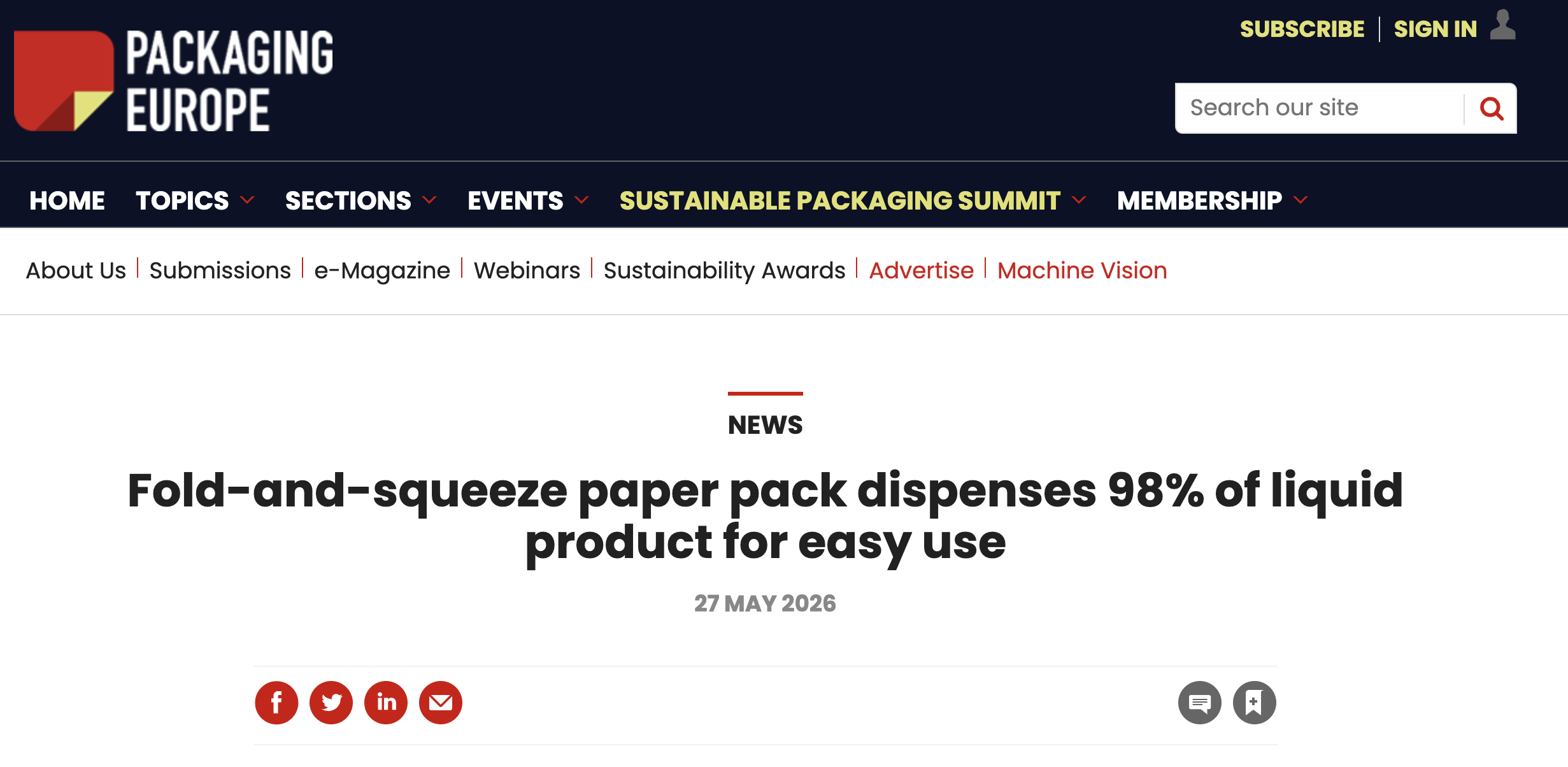 Packaging Europe Paper based pack dispenses up to 98% liquids